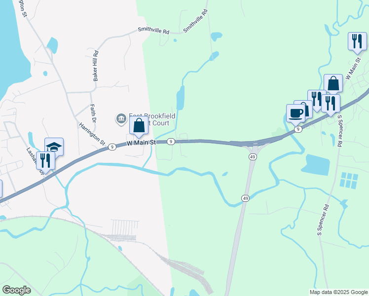 map of restaurants, bars, coffee shops, grocery stores, and more near 127 West Main Street in Spencer