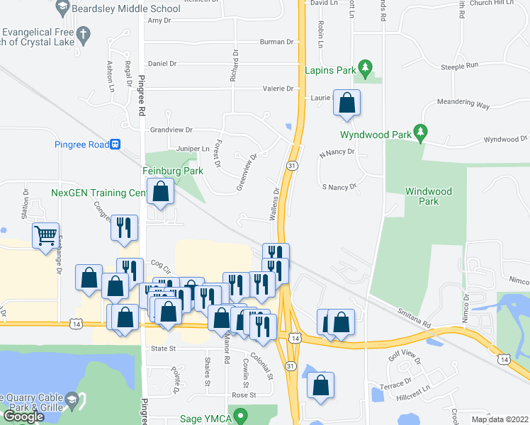 map of restaurants, bars, coffee shops, grocery stores, and more near 6803 Wallens Drive in Crystal Lake