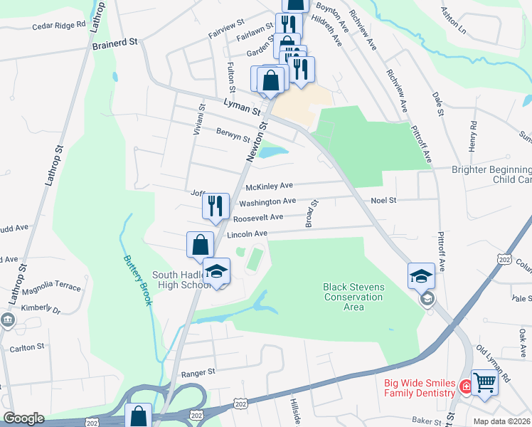 map of restaurants, bars, coffee shops, grocery stores, and more near 28 Roosevelt Avenue in South Hadley