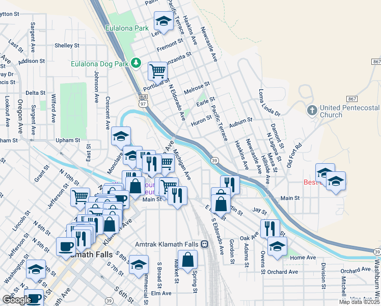 map of restaurants, bars, coffee shops, grocery stores, and more near 1737 Menlo Way in Klamath Falls
