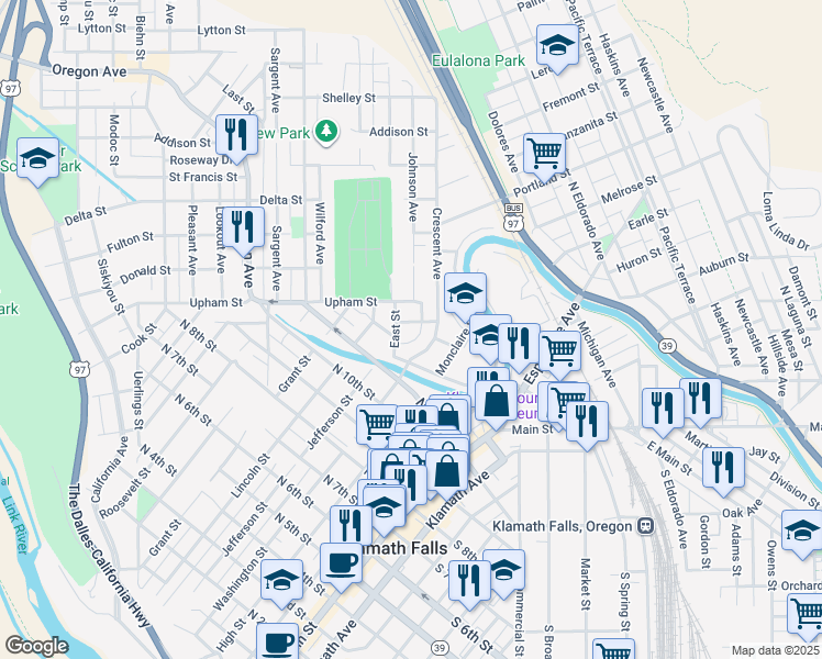 map of restaurants, bars, coffee shops, grocery stores, and more near 1170 Crescent Avenue in Klamath Falls