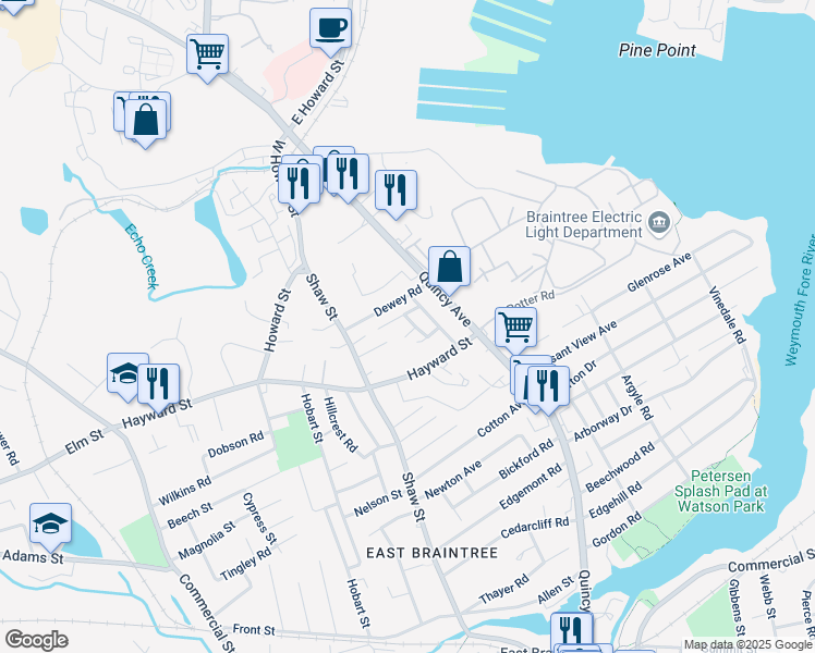 map of restaurants, bars, coffee shops, grocery stores, and more near 16 Veranda Road in Braintree
