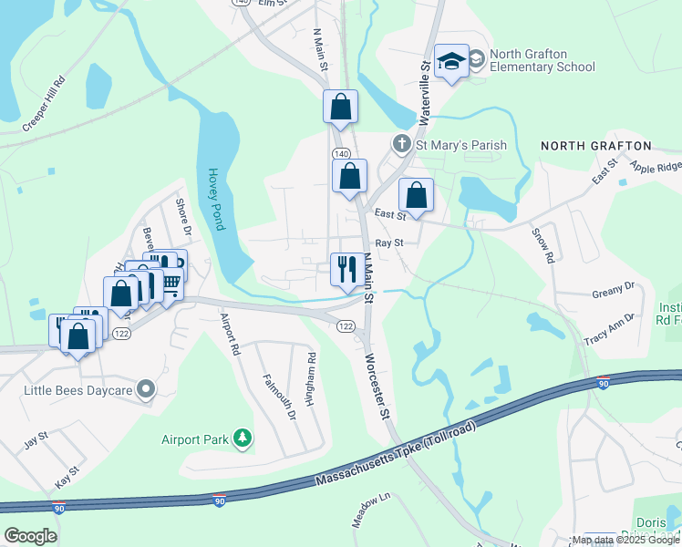 map of restaurants, bars, coffee shops, grocery stores, and more near 8 Park Court in Grafton