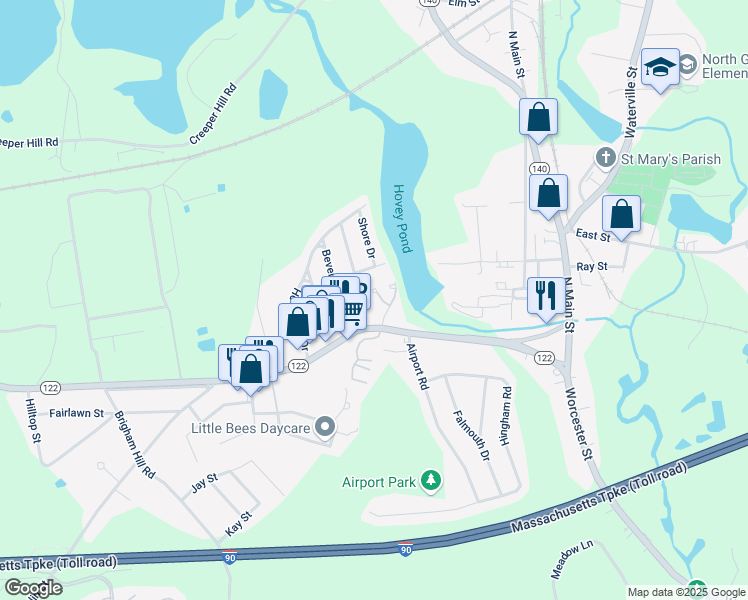 map of restaurants, bars, coffee shops, grocery stores, and more near 194 Worcester Street in Grafton