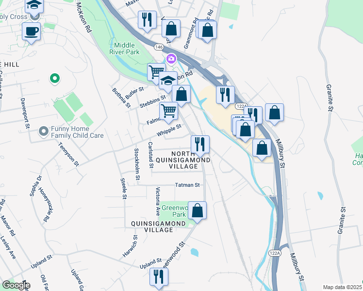 map of restaurants, bars, coffee shops, grocery stores, and more near 7 Ekman Street in Worcester