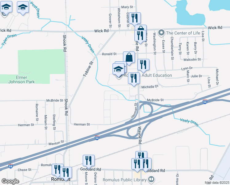 map of restaurants, bars, coffee shops, grocery stores, and more near 35601 Stephanie Street in Romulus