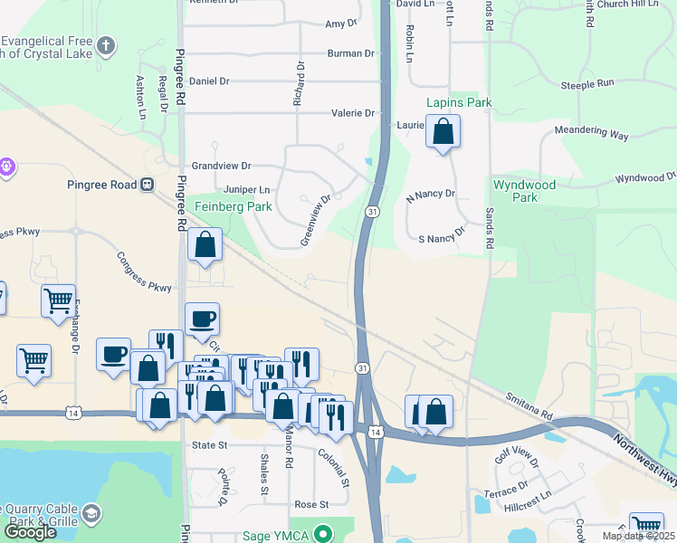 map of restaurants, bars, coffee shops, grocery stores, and more near 6803 South Illinois Route 31 in Crystal Lake