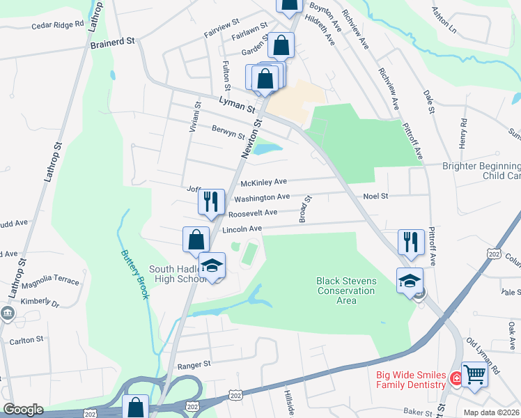 map of restaurants, bars, coffee shops, grocery stores, and more near 28 Roosevelt Avenue in South Hadley