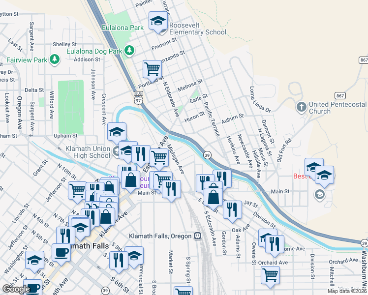 map of restaurants, bars, coffee shops, grocery stores, and more near 1737 Menlo Way in Klamath Falls