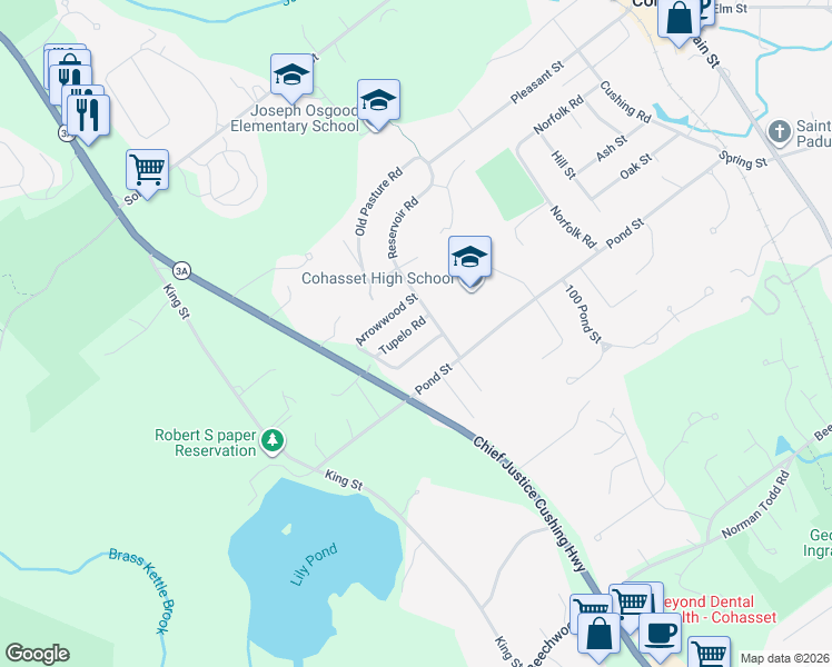 map of restaurants, bars, coffee shops, grocery stores, and more near 18 Tupelo Road in Cohasset