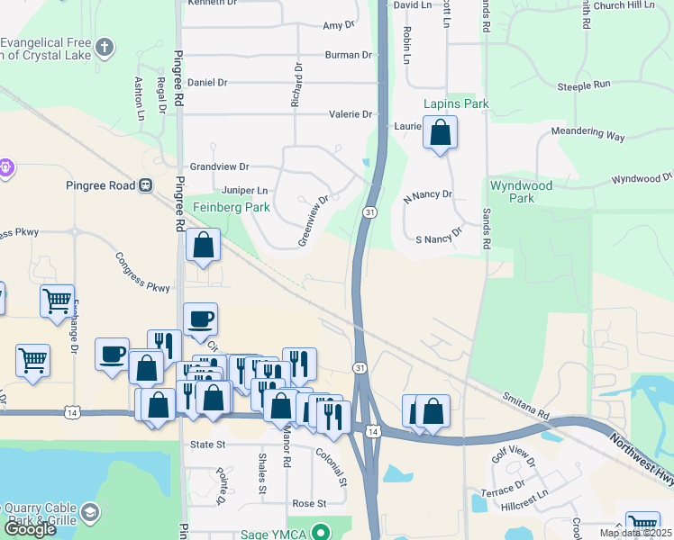 map of restaurants, bars, coffee shops, grocery stores, and more near 6803 South Illinois Route 31 in Crystal Lake