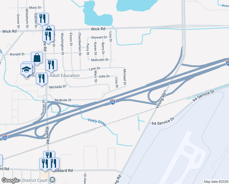 map of restaurants, bars, coffee shops, grocery stores, and more near 34129 McBride Street in Romulus