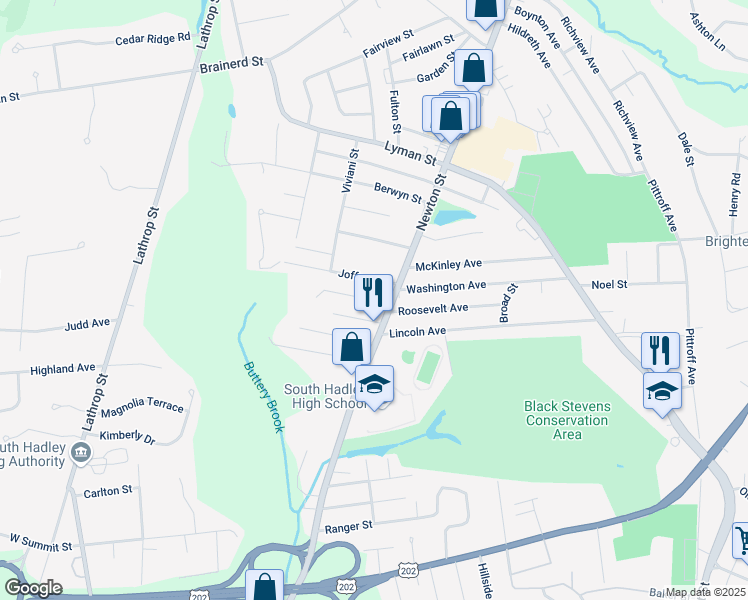 map of restaurants, bars, coffee shops, grocery stores, and more near 10 Haig Ave in South Hadley