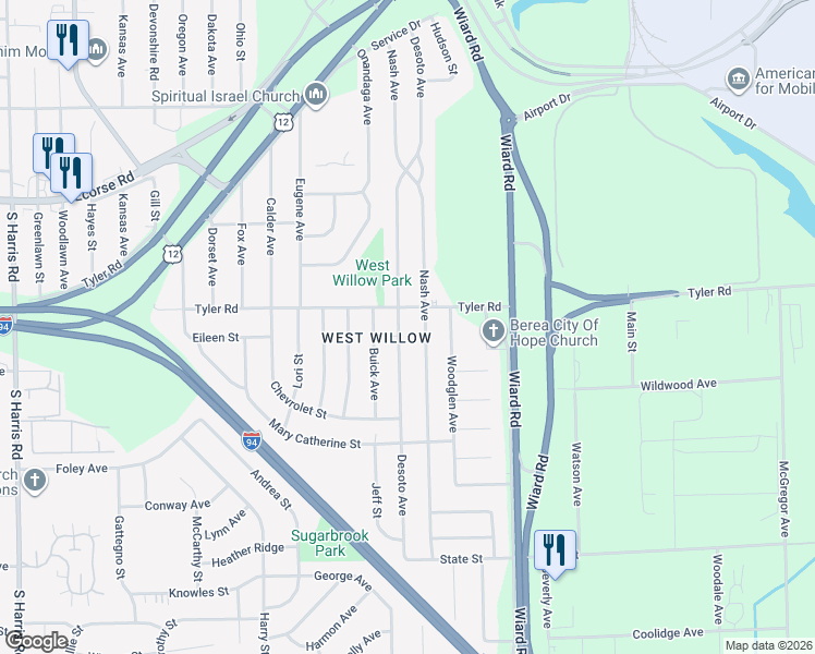 map of restaurants, bars, coffee shops, grocery stores, and more near 1042 Nash Avenue in Ypsilanti