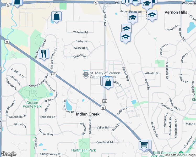 map of restaurants, bars, coffee shops, grocery stores, and more near 1434 Nottingham Lane in Mundelein