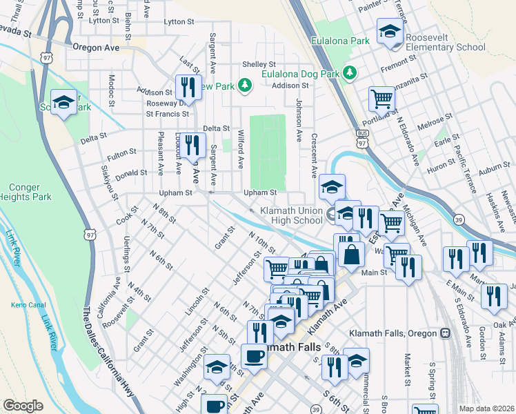 map of restaurants, bars, coffee shops, grocery stores, and more near 611 North 11th Street in Klamath Falls