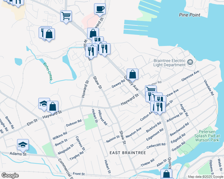 map of restaurants, bars, coffee shops, grocery stores, and more near 25 Hillside Avenue in Braintree