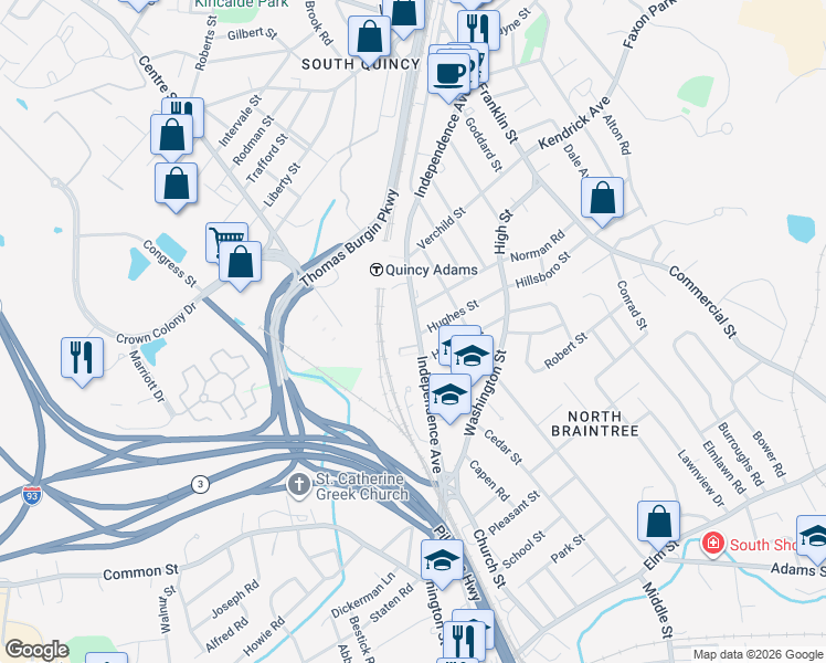 map of restaurants, bars, coffee shops, grocery stores, and more near 242 Independence Avenue in Quincy