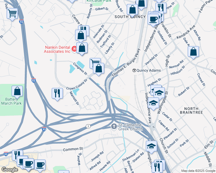 map of restaurants, bars, coffee shops, grocery stores, and more near 326 Thomas Burgin Parkway in Quincy