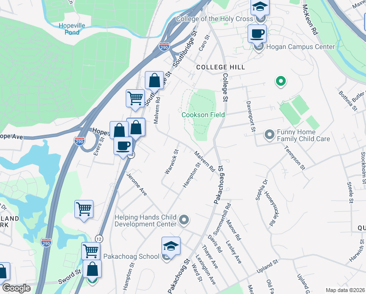 map of restaurants, bars, coffee shops, grocery stores, and more near 10 Warwick Street in Worcester