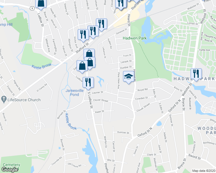 map of restaurants, bars, coffee shops, grocery stores, and more near 4 Tilbury Street in Worcester