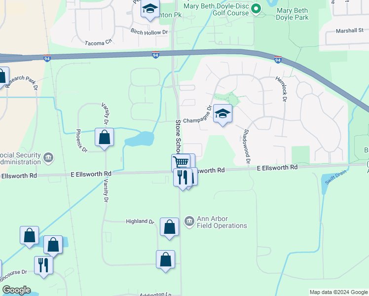 map of restaurants, bars, coffee shops, grocery stores, and more near 3024 Cloverly Lane in Ann Arbor