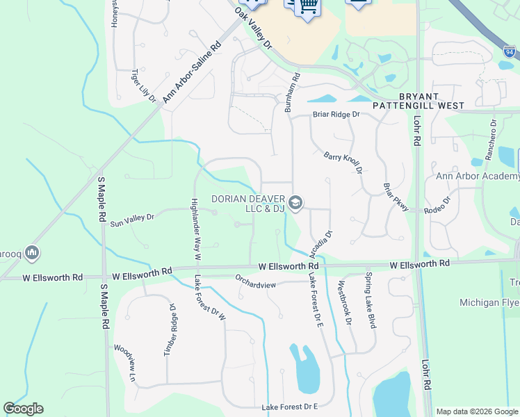map of restaurants, bars, coffee shops, grocery stores, and more near 3839 Highlander Way East in Ann Arbor