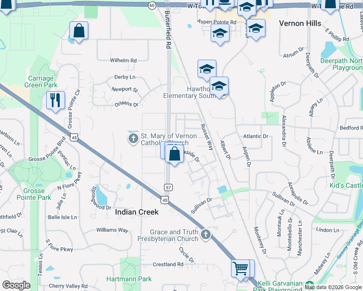 map of restaurants, bars, coffee shops, grocery stores, and more near 202 Sunset Court in Vernon Hills
