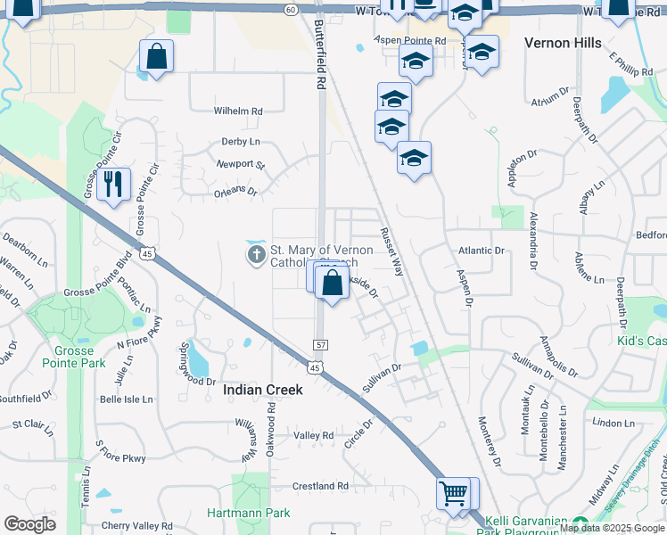 map of restaurants, bars, coffee shops, grocery stores, and more near 202 Sunset Court in Vernon Hills