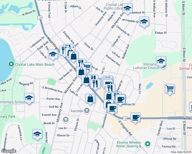 map of restaurants, bars, coffee shops, grocery stores, and more near 253 Uteg Street in Crystal Lake