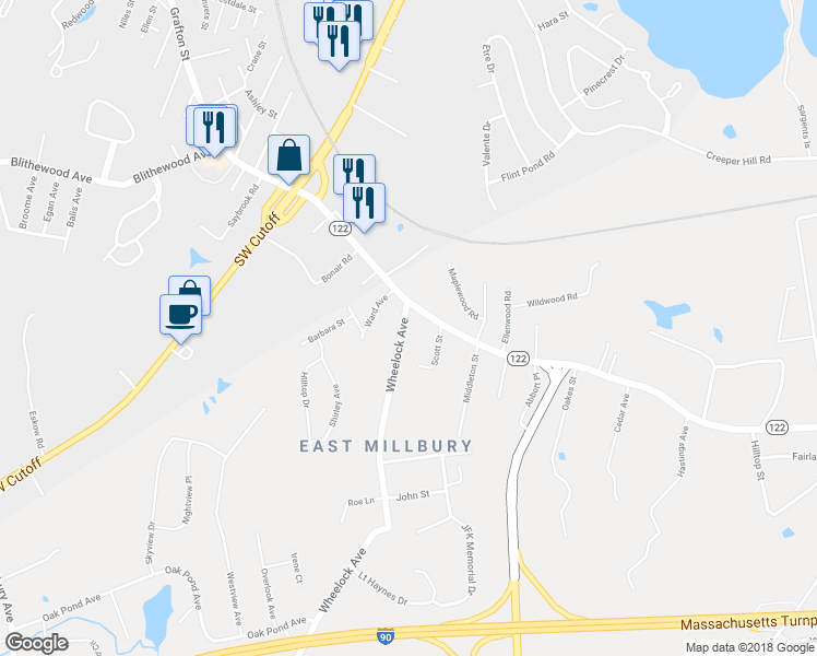 map of restaurants, bars, coffee shops, grocery stores, and more near 216 Wheelock Avenue in Millbury