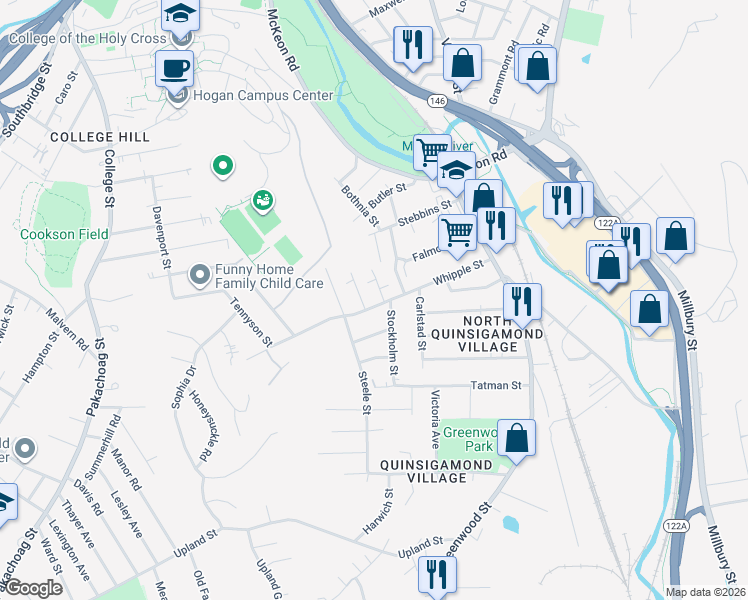 map of restaurants, bars, coffee shops, grocery stores, and more near 55 Whipple Street in Worcester