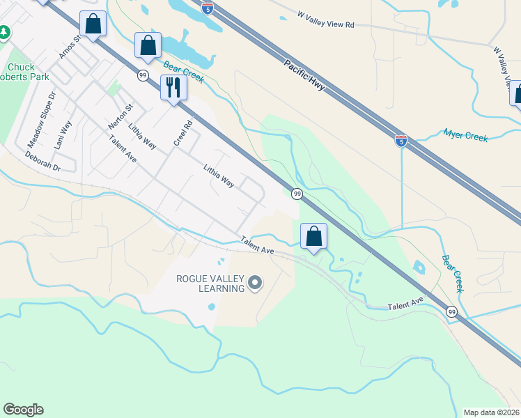 map of restaurants, bars, coffee shops, grocery stores, and more near 490 Alpine Way in Talent