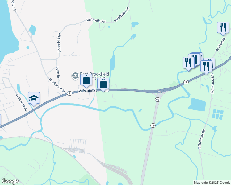 map of restaurants, bars, coffee shops, grocery stores, and more near 127 West Main Street in Spencer