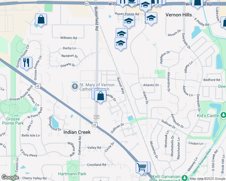 map of restaurants, bars, coffee shops, grocery stores, and more near 356 Meadow Court in Vernon Hills