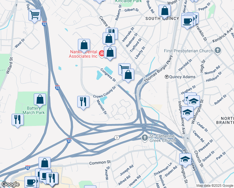 map of restaurants, bars, coffee shops, grocery stores, and more near 400 Crown Colony Drive in Quincy
