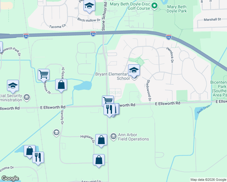 map of restaurants, bars, coffee shops, grocery stores, and more near 2058 Cloverly Lane in Ann Arbor