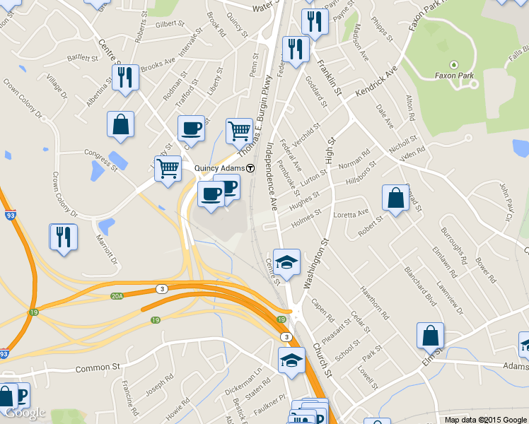 map of restaurants, bars, coffee shops, grocery stores, and more near 1 Bennett Lane in Quincy