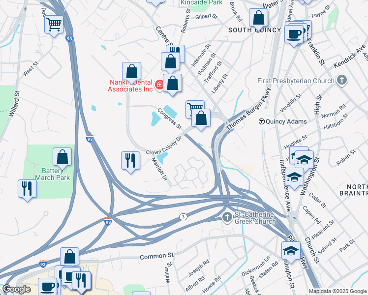 map of restaurants, bars, coffee shops, grocery stores, and more near 400 Crown Colony Drive in Quincy