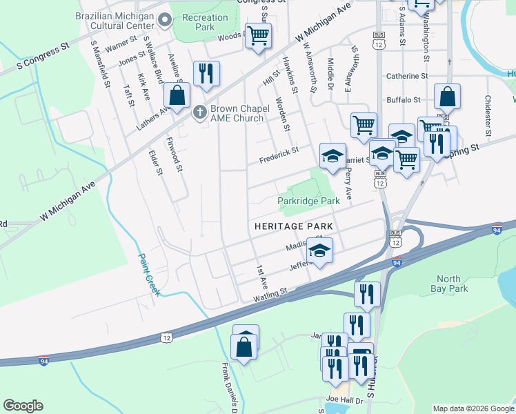 map of restaurants, bars, coffee shops, grocery stores, and more near 571 Armstrong Drive in Ypsilanti