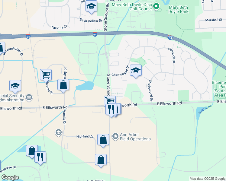 map of restaurants, bars, coffee shops, grocery stores, and more near 3024 Cloverly Lane in Ann Arbor