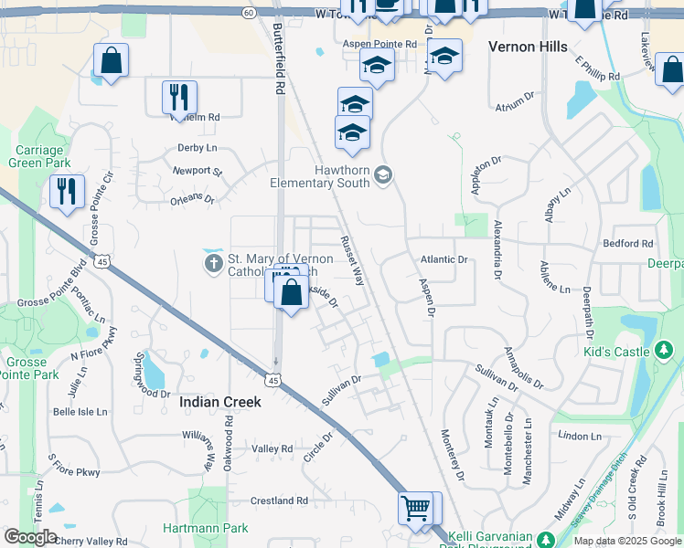 map of restaurants, bars, coffee shops, grocery stores, and more near 212 Russet Way in Vernon Hills