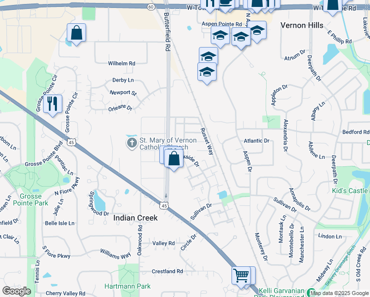 map of restaurants, bars, coffee shops, grocery stores, and more near 201 Winfield Court in Vernon Hills