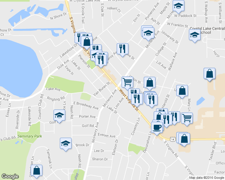 map of restaurants, bars, coffee shops, grocery stores, and more near 360 McHenry Avenue in Crystal Lake