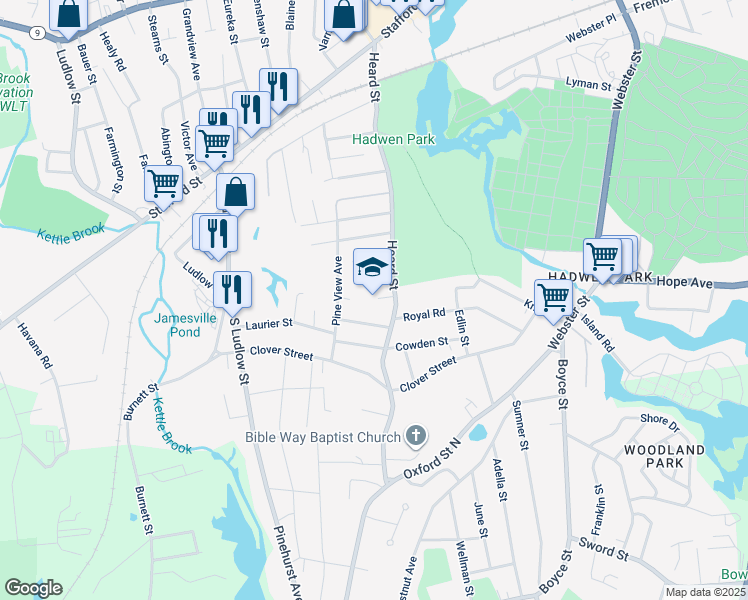 map of restaurants, bars, coffee shops, grocery stores, and more near 200 Heard Street in Worcester