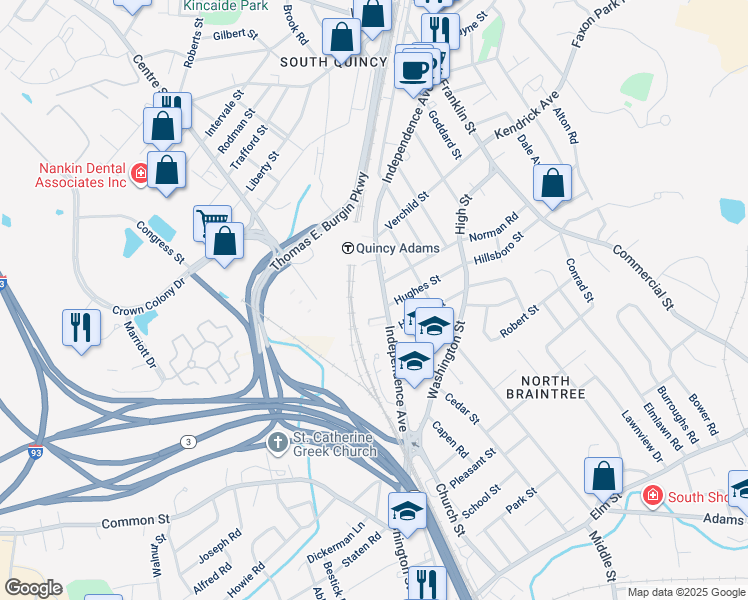 map of restaurants, bars, coffee shops, grocery stores, and more near 225 Independence Avenue in Quincy
