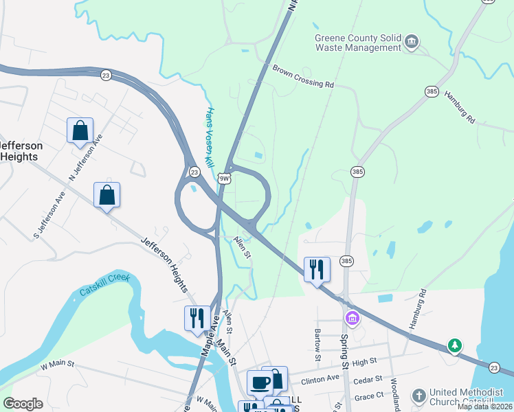 map of restaurants, bars, coffee shops, grocery stores, and more near State Highway 23 in Greene