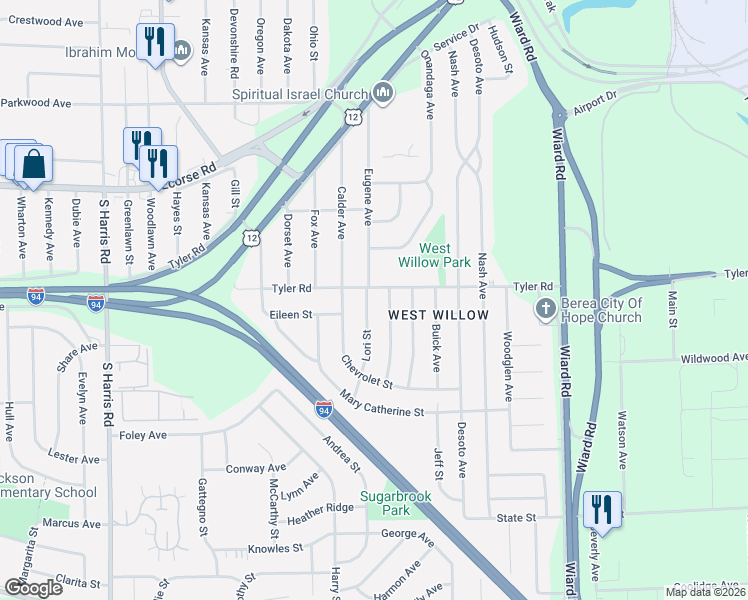 map of restaurants, bars, coffee shops, grocery stores, and more near 1063 Lori Street in Ypsilanti