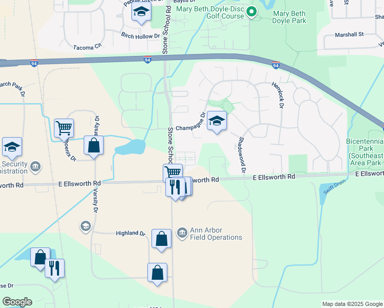 map of restaurants, bars, coffee shops, grocery stores, and more near 2092 Cloverly Lane in Ann Arbor