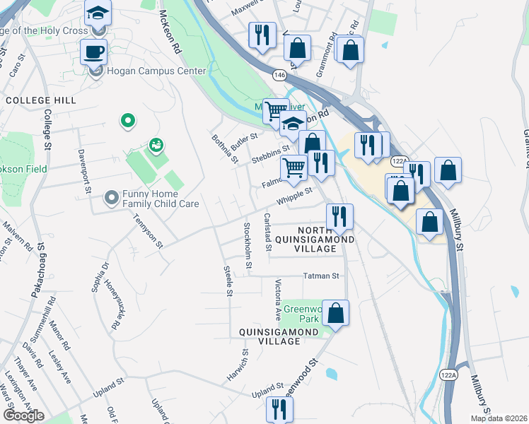 map of restaurants, bars, coffee shops, grocery stores, and more near 5 Carlstad Street in Worcester